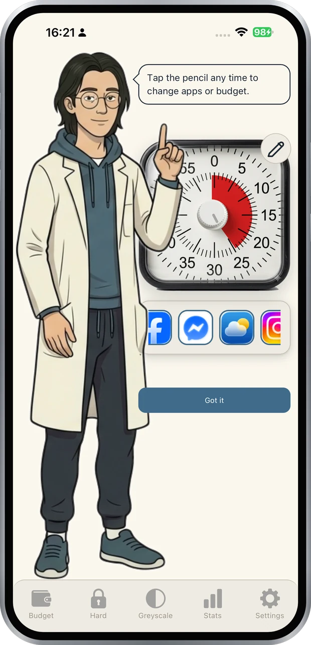 The daily budget screen in Otto's Free App Blocker for iPhone, a timer counting down the minutes left in the apps you chose