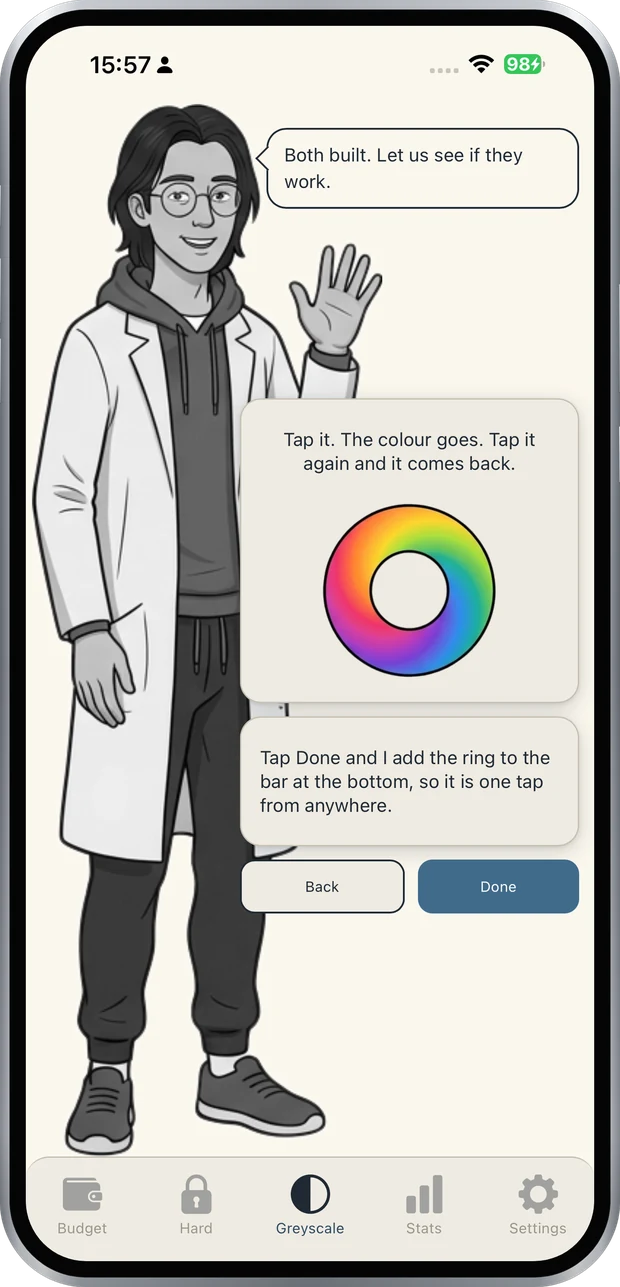 The greyscale walkthrough in Otto's Free App Blocker for iPhone, Otto explaining the two Shortcuts that drop the screen to black and white