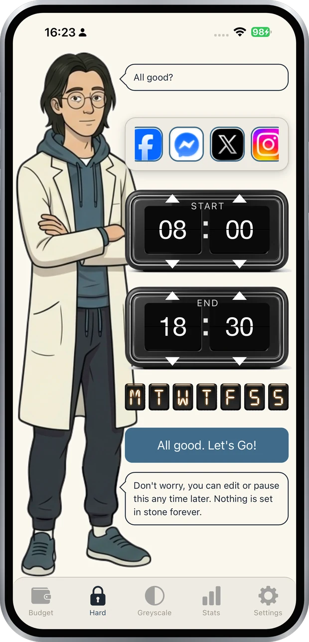 The hard mode screen in Otto's Free App Blocker for iPhone, with a start and end time set for a scheduled block